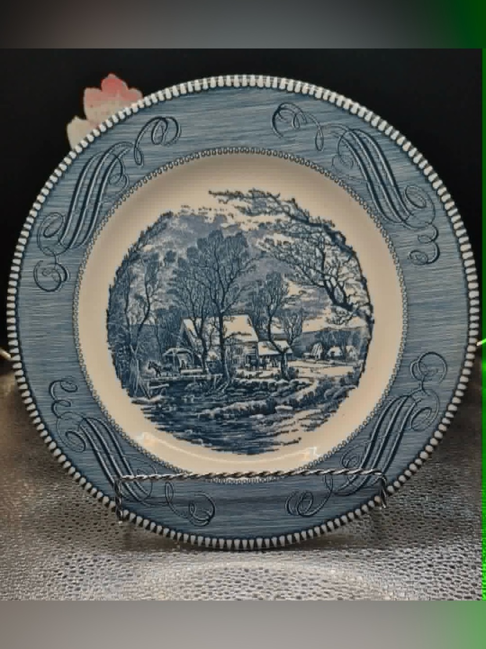 Vintage Currier and Ives 'The Old Grist Mill' 10” Dinner Plate Set 6 Royal Blue